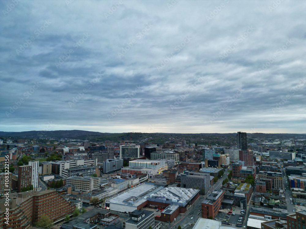 Fototapeta premium Aerial View of Historical Sheffield City Centre Which is Located at English county of South Yorkshire United Kingdom. April 29th, 2024.