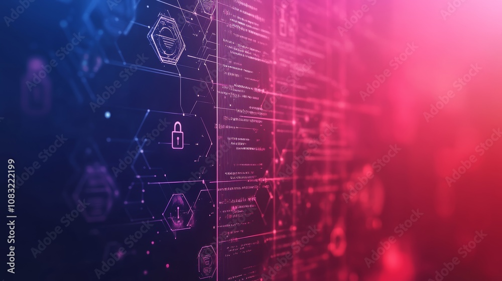 Obraz premium Abstract digital background with red and blue hues, featuring data, code, icons, and a lock symbol.