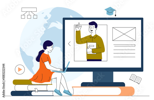 Woman with online webinar. Young girl watching lecture online. Education and training, knowledge and information. Student with teacher. Linear vector illustration