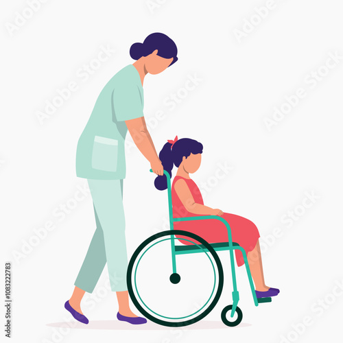 Side View Of Female Nurse Pushing A Disabled Little Girl In Wheelchair.