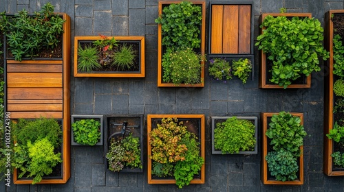 An aerial view of a series of wooden and metal planters filled with various green plants and flowers.