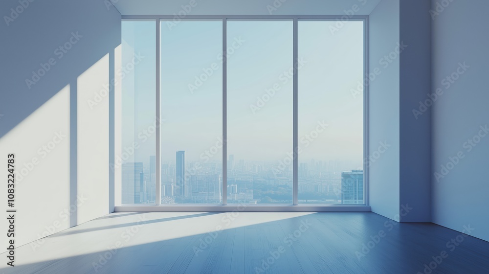 Fototapeta premium Interior view of an empty room in a skyscraper, showcasing the cityscape during the day. The skyline view from a high-rise window offers a gorgeous property with a stunning view.