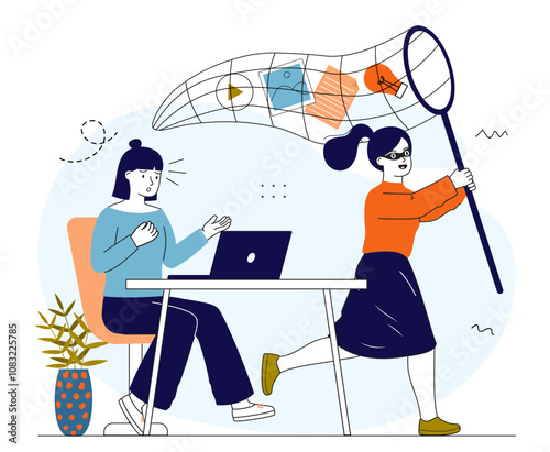 Woman with plagiarism. Young girl with net catching ideas of woman with laptop. Violation of copyright and intellectual property. Linear vector illustration