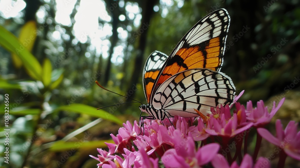 Obraz premium Close-Up Shot of a Butterfly Perched on a Bright Pink Flower, Capturing the Delicate Beauty and Vibrant Colors of Nature.