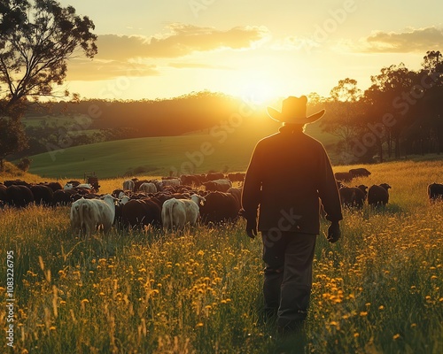 A farmer practicing rotational grazing on pasture, Livestock Management, Responsible and regenerative photo