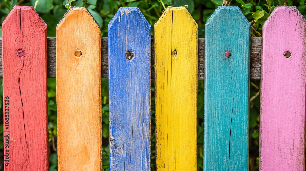 Fototapeta premium A colorful wooden fence with planks painted in vibrant hues, enhancing the cheerful and playful ambiance of an outdoor space.