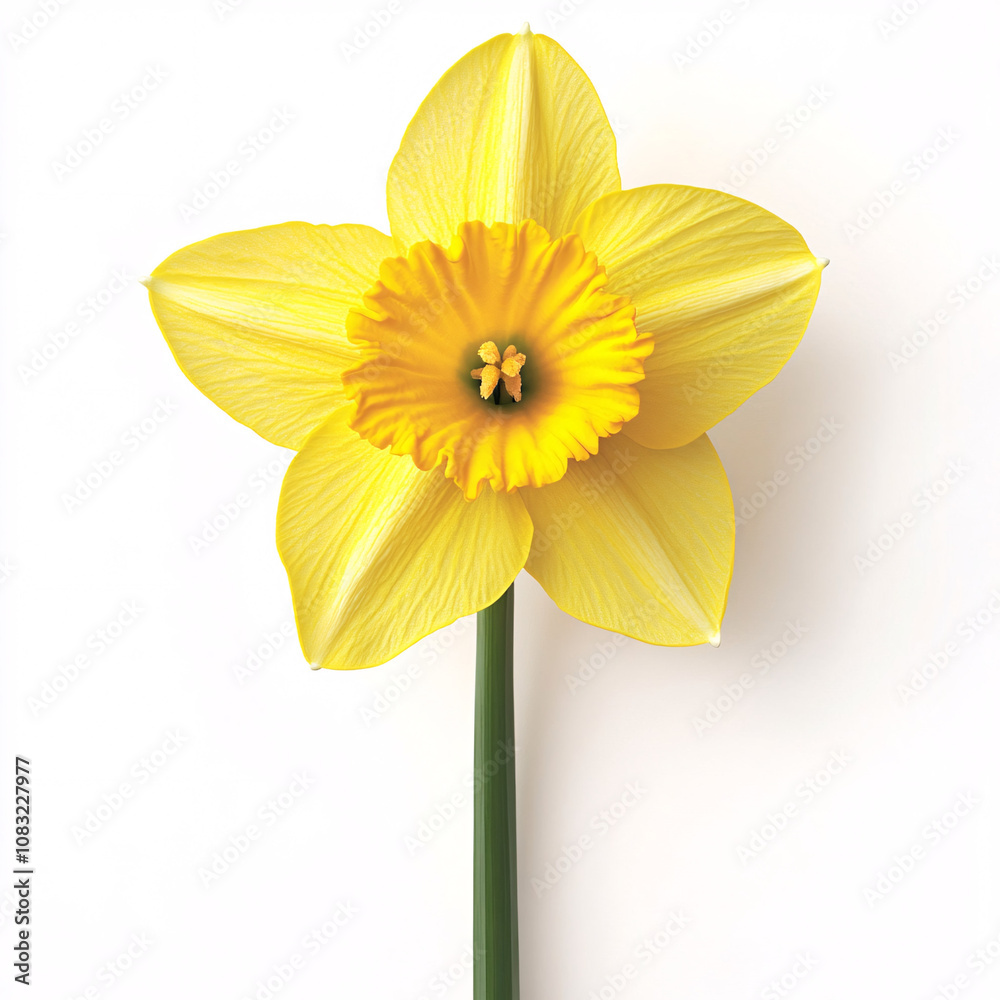 Obraz premium A vibrant yellow daffodil flower with a central trumpet shape, showcasing delicate petals against a clean white background.