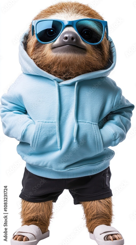 Naklejka premium A stylish sloth wearing sunglasses, a hoodie, and shorts, exuding a relaxed vibe.