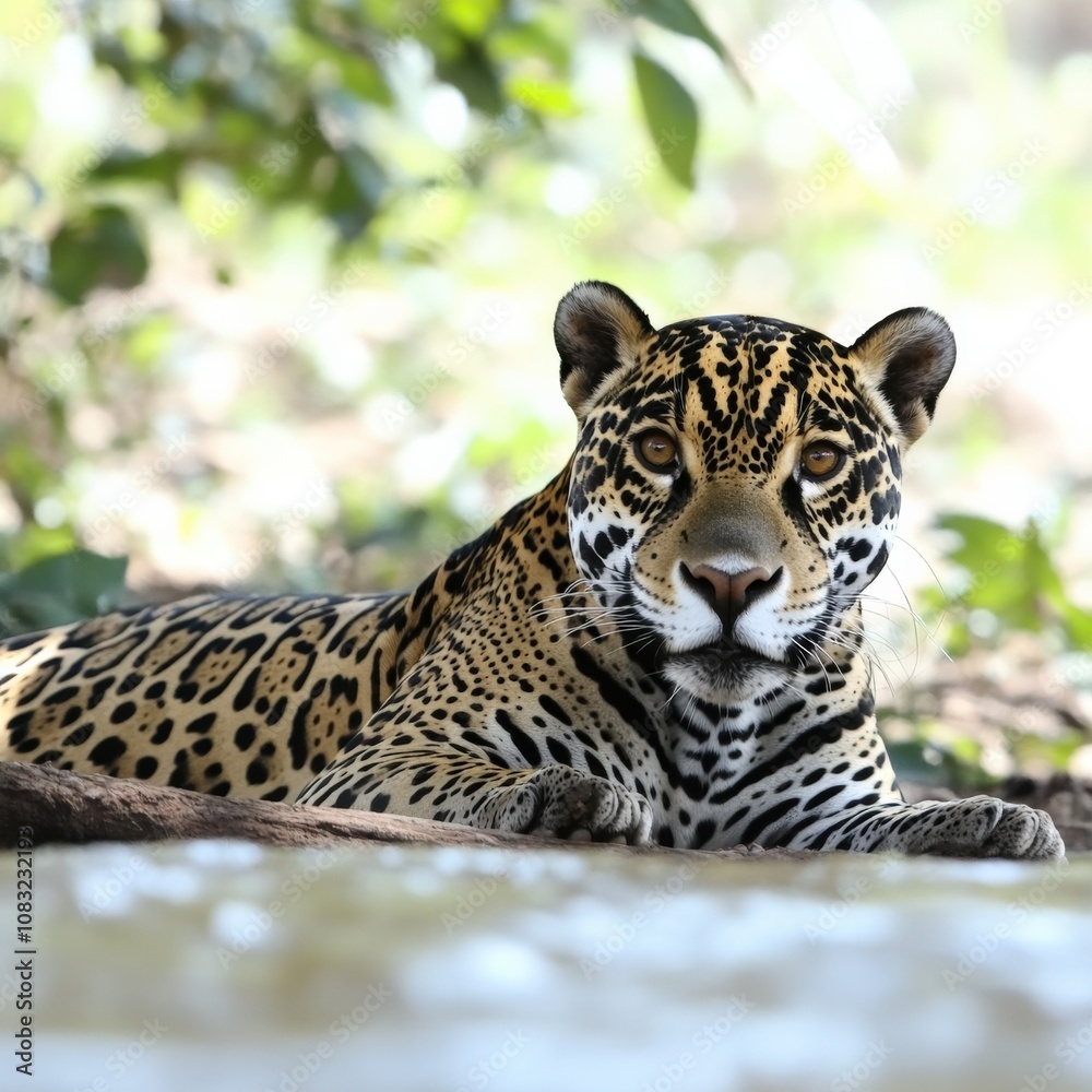 Obraz premium Majestic Jaguar in Natural Habitat: Wild Cat Beauty Resting Under Lush Greenery, Captivating Jaguar in Forest, Exotic Wildlife and Nature Photography