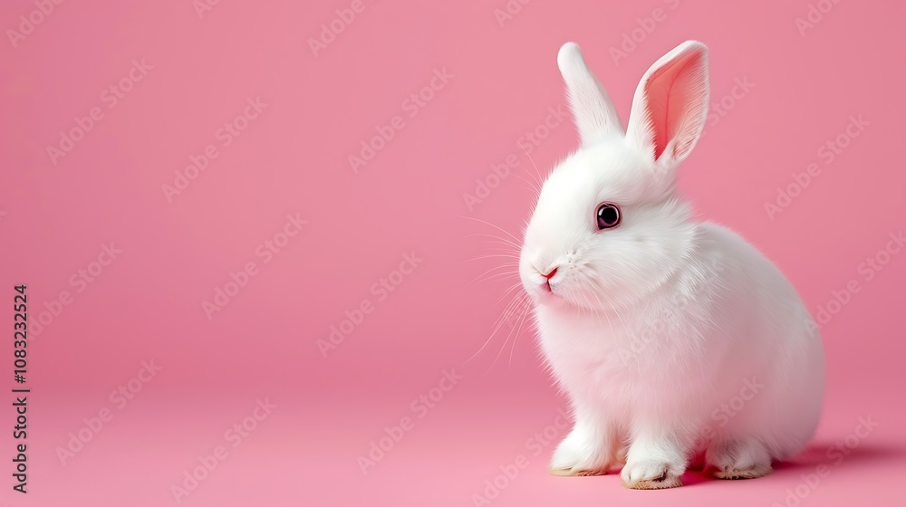 Obraz premium A cute white rabbit sitting on a pink background, showcasing its fluffy fur and expressive eyes.