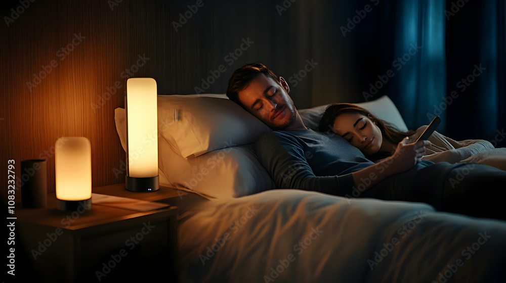 Naklejka premium Couple Sleeping Peacefully in Bed with Warm Ambient Lighting from Table Lamps, Nighttime Relaxation