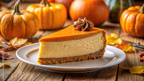 Wallpaper Mural A Slice of Pumpkin Cheesecake Decorated with Chocolate Swirl, Served on a White Plate with Autumn Leaves Torontodigital.ca