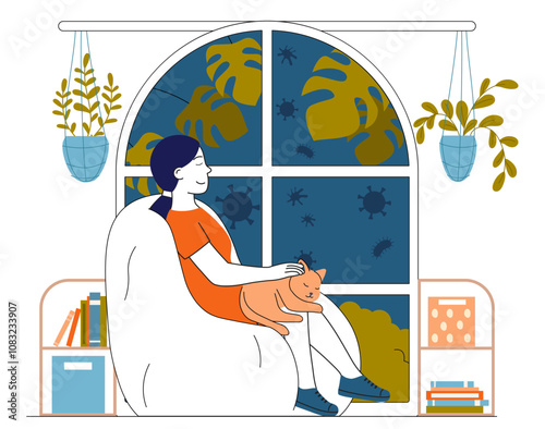 Woman stay at home. Young girl sits in chair with book in her hands. Safety and prevention of coronavirus. Care about health. Linear vector illustration