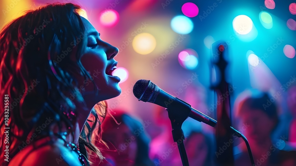 Obraz premium A female singer in concert _ rockstar _ with a colourful lighting background