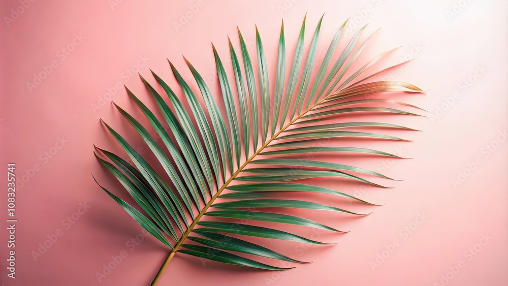 Fototapeta premium A single palm leaf, with delicate green fronds, rests against a soft pink backdrop, creating a minimalist and serene composition.