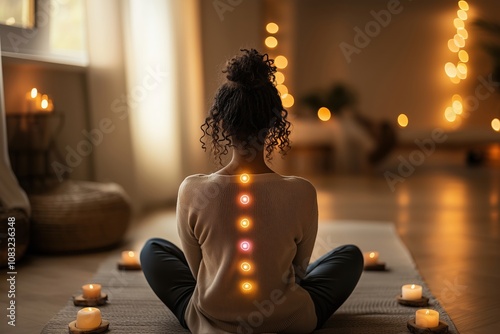 Woman meditating with chakra alignment glowing on back, concept of energy healing photo