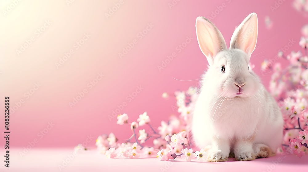 Obraz premium A cute white rabbit surrounded by pink flowers on a soft pink background.