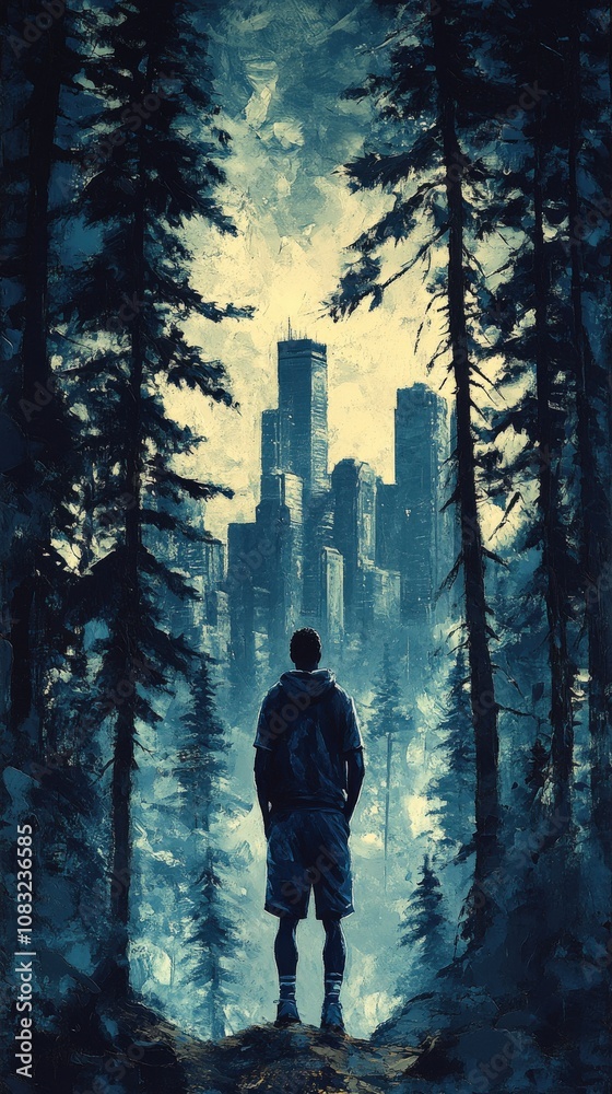 Fototapeta premium Mysterious Man in Forest Overlooking Futuristic Cityscape, Surreal Artwork, Urban and Nature Contrast, Exploring Loneliness, Atmospheric Digital Painting