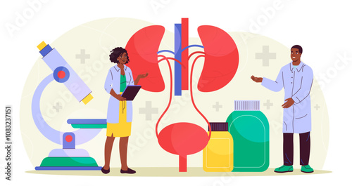 Team of urologists. Man and woman in medical uniform examining kidneys. Doctors in laboratory examine internal organ. Diagnosis and treatment. Healthcare and medicine. Flat vector illustration