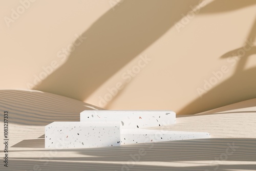 3d Minimal terrazzo white podium display with leaf shadow for cosmetic product presentation, Modern Sand pedestal or platform background. Mockup scene with empty space for advertising. 3d render.