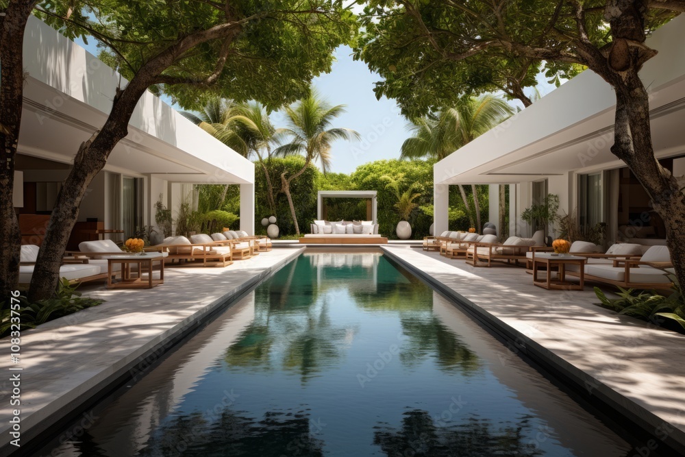 Fototapeta premium Harmonious Hideaway: Poolside Dreams Under Tropical Trees