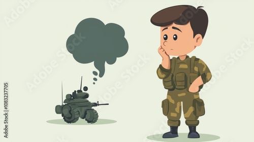 A young soldier contemplates the future of military technology while standing beside a small tank