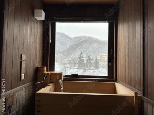 Japanese wooden bath tub with snow-covered mountain view in Jozankei Onsen, Sapporo