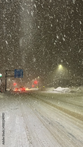Snowstorm on Hokkaido Street at Night