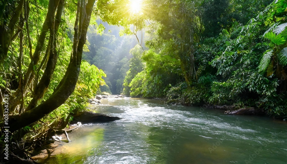 Obraz premium Glistening River Meandering Through a Dense Tropical Rainforest, With Vibrant Greenery Covering the Riverbanks and Bright Sunshine Streaming Through the Canopy