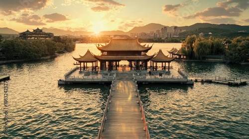 Movie style, by Zhang Yimou, waterfront pier, top-down view, Chinese architecture background, sunset light effect, high quality, realism