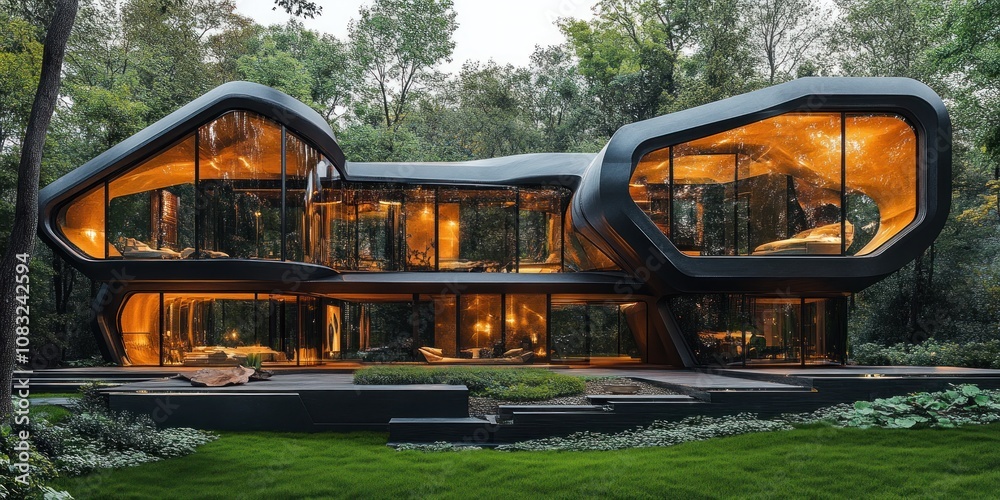 Fototapeta premium Modern, futuristic home with unique, flowing design and large windows.