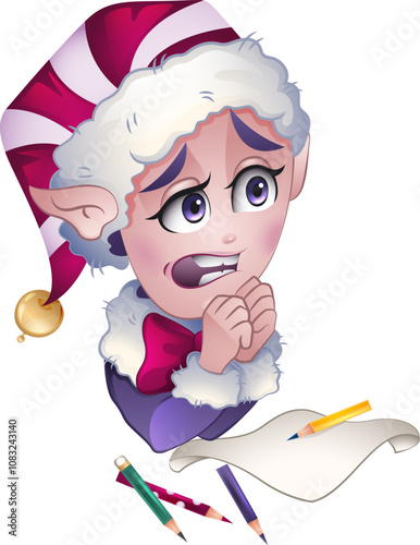 Frightened Christmas character expressing fear with Christmas elf hat. Set of holiday emotions