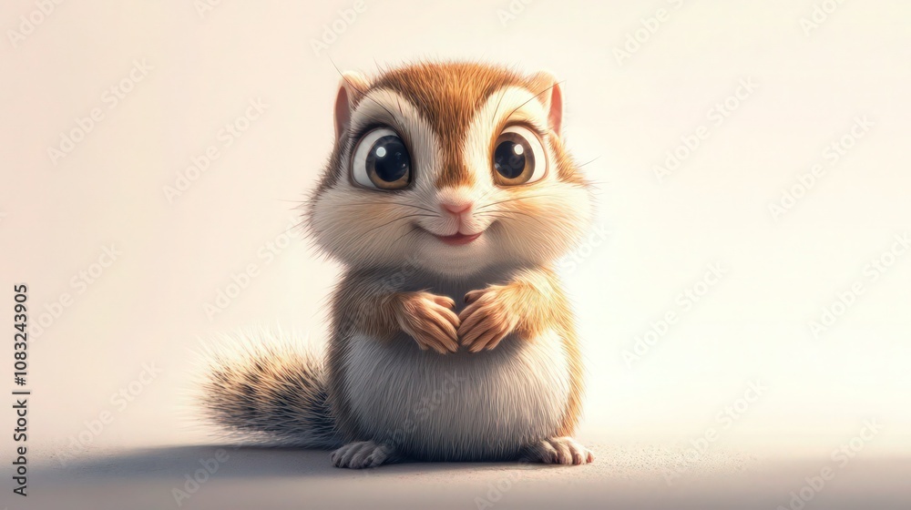 Fototapeta premium Adorable cartoon chipmunk character posing sweetly with tiny paws held together isolated on a soft white background for marketing use.