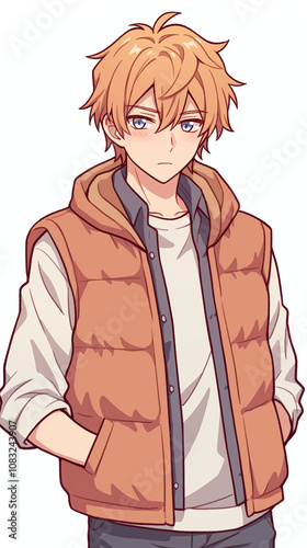 Anime Boy in Orange Vest - Stylish Character Illustration photo