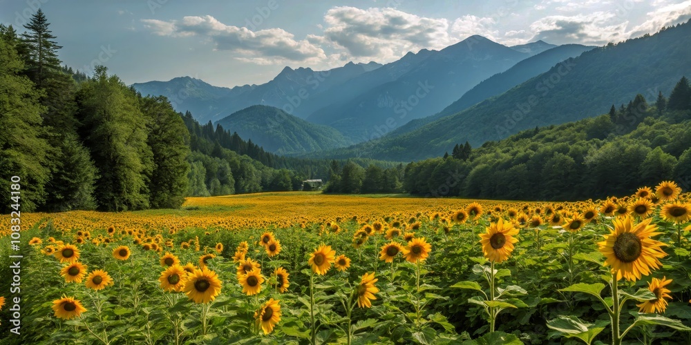 Fototapeta premium Vibrant Sunflower Field with Dense Forest and Mountain Backdrop - Nature's Breathtaking Landscape