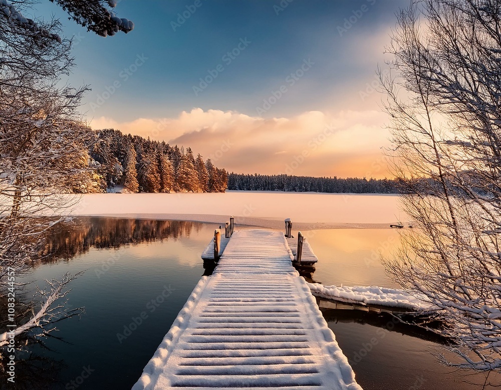 Obraz premium First Snowfall by Lakeside Pier