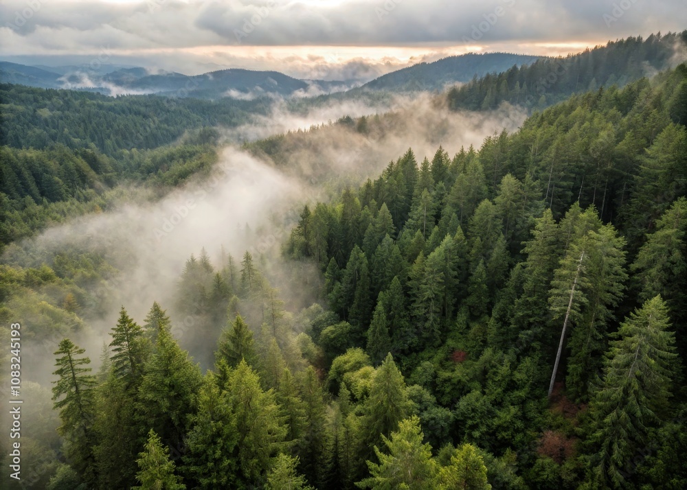 Obraz premium Aerial View of a Foggy Forest in the Pacific Northwest - Serene Misty Nature Landscape