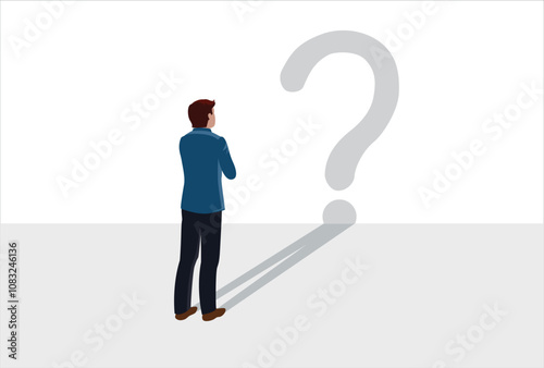 Confusion concept, uncertainty or self doubt, question to answer or find solution to solve problem concept, find meaning in life, curious businessman looking at self reflection as question mark.