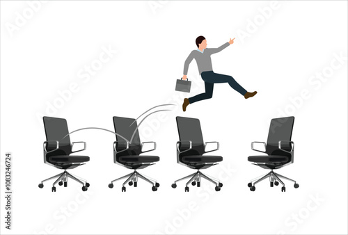 Cheerful businessman candidate jumping from office chair to new hopping office metaphor of often changing job, job hopping, change many jobs in short time, move to new better career or position