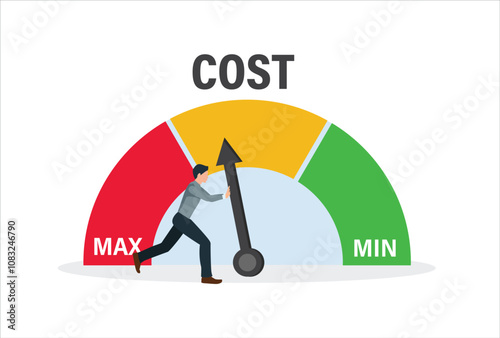 Businessman people turning cost dial to a low illustration. Cost reduction, cost cutting and efficiency concept