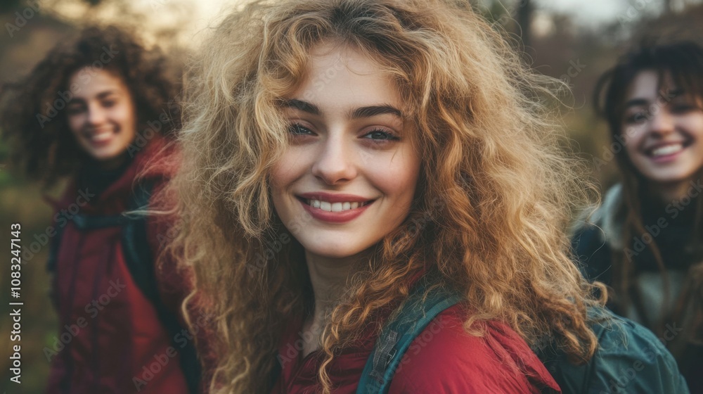 Obraz premium Curly-haired woman hiking with smiling friends