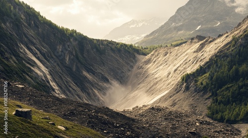 A dramatic capture of a massive landslide cascading down a steep mountain slope in the Swiss Alps, Swiss Alps landslide scene, Dramatic style