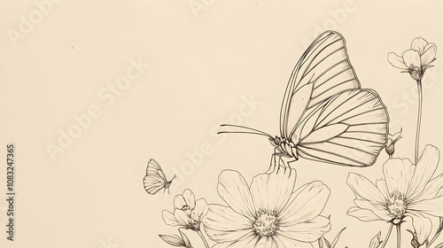 Butterfly Landing on Flowers in Line Drawing Style