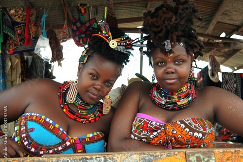 Two women wearing colorful clothing and necklaces are posing for a picture photo