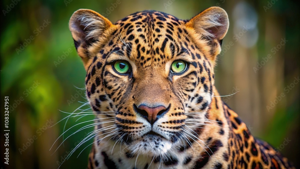 Obraz premium A close-up portrait of a leopard with piercing green eyes, its fur patterned with black rosettes against a backdrop of lush greenery.