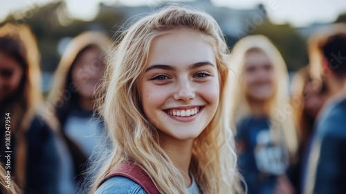 Wallpaper Mural Blonde girl standing with a group, smiling brightly Torontodigital.ca