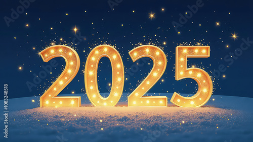 The glowing figures of 2025 shine brightly against a dark sky, surrounded by stars and a soft blanket of snow, creating a festive atmosphere welcoming the new year. photo