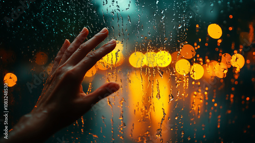 Close-up of raindrops trickling down a windowpane, with a blurred view of city lights in the background: The gentle rain creates streaks on the glass, reflecting warm interior ligh