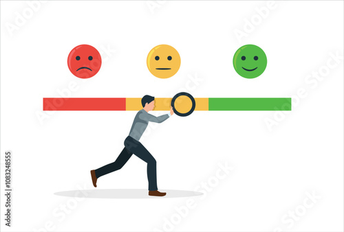 Customer feedback giving rating based on experience or quality from product and service, survey, opinion and review to evaluate result, man trying to push customer feedback bar to be excellent smile.