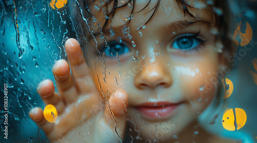 Child tracing shapes on a rain-soaked window with their finger, smiling softly: The childâs five-fingered hand draws playful lines on the glass, their face lit with curiosity as ra photo